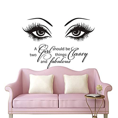 Eyes Wall Decals Beauty Salon Girl Eye Lash Quote A Girl Shoud Be Two Things Classy and Fabulous Art Vinyl Bedroom Decoration Make Up Vinyl Stickers NY-380 (57X80CM, Black)
