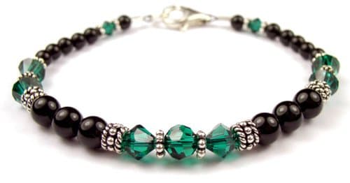 DAMALI Women's 925 Silver Black Pearl Crystal Beaded Bracelets Green Emerald May Birthstone Bracelets Med. 7.25 In.