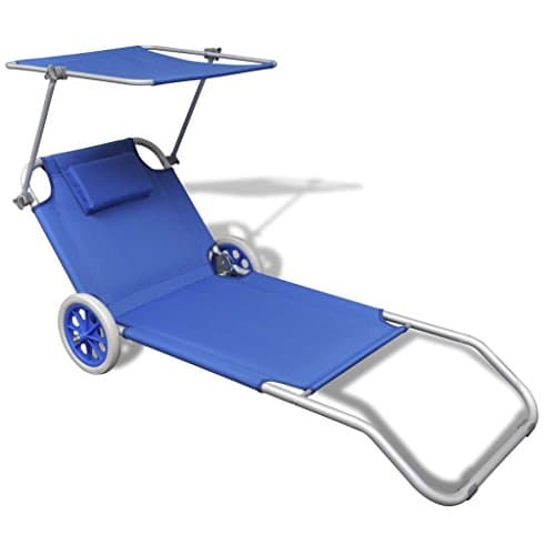 Foldable Sun bed with Canopy and Wheels Blue Aluminum lounge chair Size: 58.3" x 20.5" (L x W)