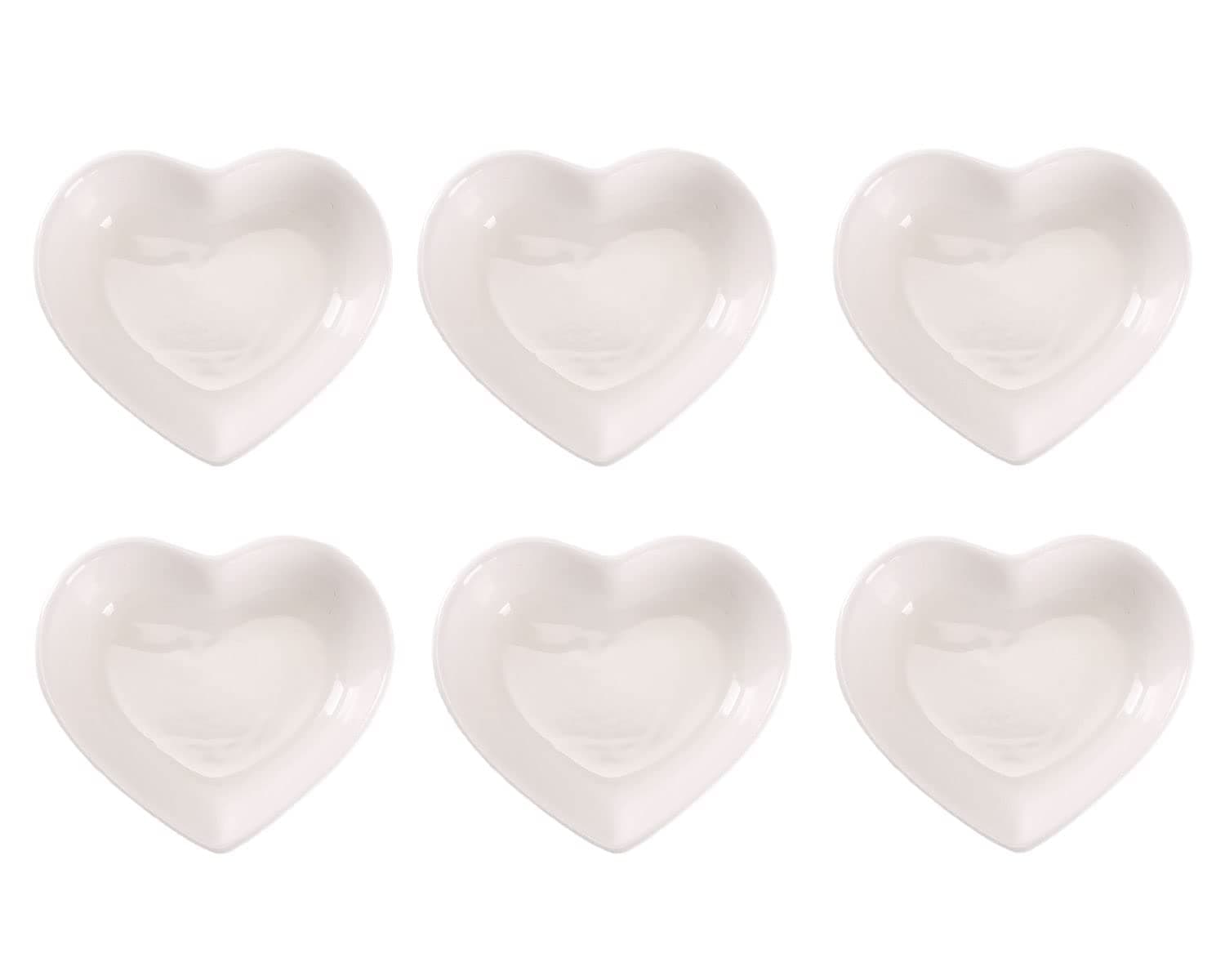 WHJY White Love Heart Shaped Ceramic Side Dish Bowl, Contemporary Porcelain Side Dishes Bowl, Seasoning Dishes Soy Dipping Sauce Dishes for Wedding Birthday Party- Set of 6