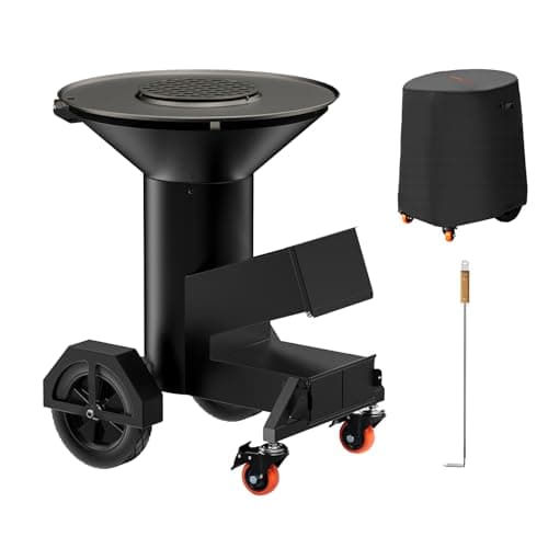 Onlyfire Outdoor Rocket Stove with Griddle Plate, Wood Burning Stove with Wheels and Cover, Portable Camping Stove for Outdoor Cooking and Garden