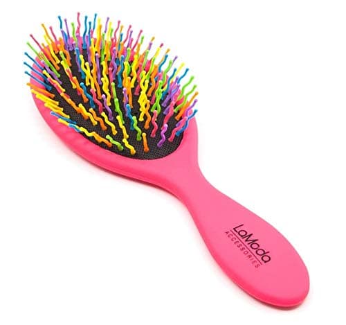 Hair Detangler Brush. Rainbow Coloured Detangling Bristles. Pink and Orange Matte Finish Handle Variations. Colour Received Will Vary