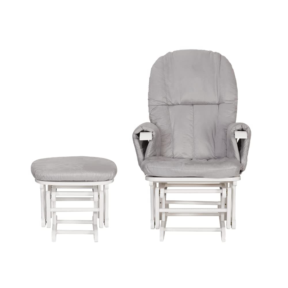Tutti Bambini GC35 Padded Smooth Glider Baby Nursing Chair & Foot Stool with 3 Reclining Positions – White Wood Frame with Grey Soft Fabric Cushions