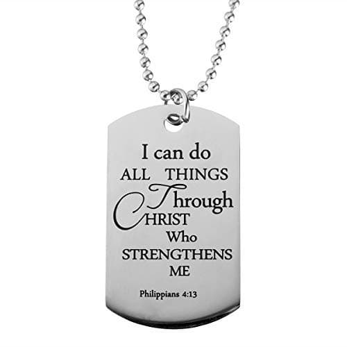ST-Power Baptism Gift Stainless Steel Dog Tag Bible Verse Pendant Necklace Christian Religious Jewelry Gift with 24" Chain.