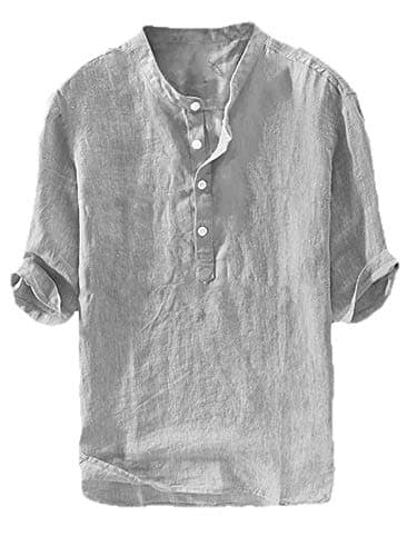 GtealifeMens Linen Henley Shirt Casual 3/4 Sleeve T Shirt Pullover Tees Lightweight Curved Hem Cotton Summer Beach Tops
