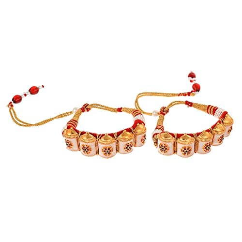sanjog Women's Brass Metal Rajasthani Look Golden Pochi Armlet Bangle Kada in Cream Hues, Kundan Work