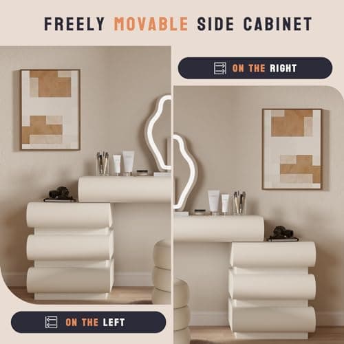 HIMAmonkey Makeup Vanity Desk with Mirror and Lights, Luxury Dressing Table with Free Retractable Side Cabinet, Microfibre Leather Wrapped Vanity Set with 5 Solid Wood Drawers, Stool-39.4in / White