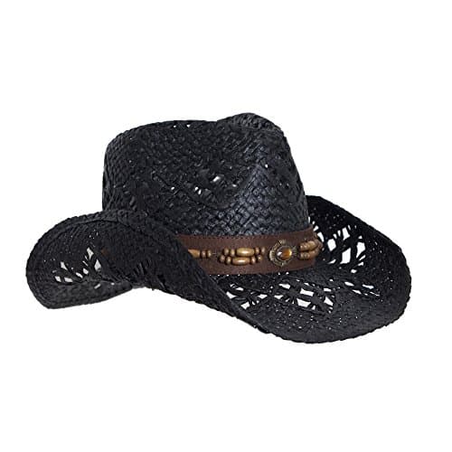 Vamuss Straw Cowboy Hat W/Vegan Leather Band & Beads, Shapeable Brim, Beach Cowgirl
