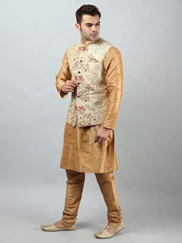Uri and MacKenzie Men's Silk Blend Kurta Pajama with Embroidered Nehru Jacket/Modi Jacket