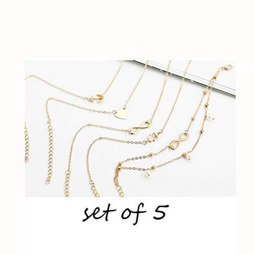 Brishow Boho Gold Anklets Pearl Tassels Ankle Bracelets Beach Cross Heart Pendant Anklet for Women and Girls(Set of 5)