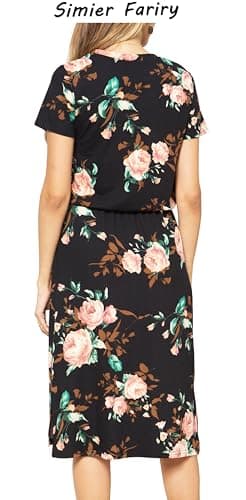 Simier Fariry Womens Spring Hide Belly Knee Length Travel Dress Pocket Summer Short Sleeve Midi Work Casual Outfits