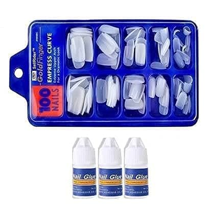 Lusty Soul Professional Gold Finger Empress Curve 100 Tips Artificial Nails with 3 Glue (white)