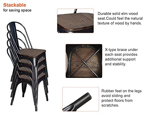 H JINHUI Set of 4 Dining Chairs, Industrial Metal Bistro Chairs with Elm Wood Seat and Backrest for Restaurant, Dining Room, Patio (Black, Elm Wood Seat)