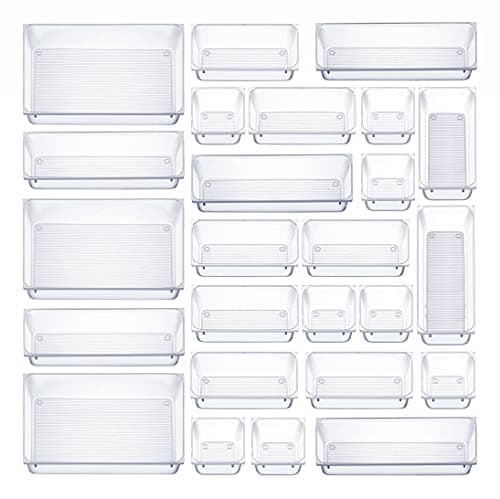 25 Pcs Drawer Organizer Set Dresser Desk Drawer Dividers - 4 Size Bathroom Vanity Cosmetic Makeup Trays - Multipurpose Clear Plastic Storage Bins for Jewelries, Kitchen Gadgets and Office Accessories