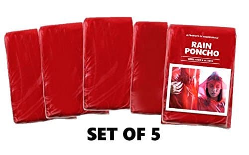 Disposable Rain Ponchos for Men and Women - 5 Pack of Red, One Size Fits All Hooded Emergency Rain-Gear (50” X 40”) - Conveniently Compact & Lightweight - Waterproof & Sturdy Build