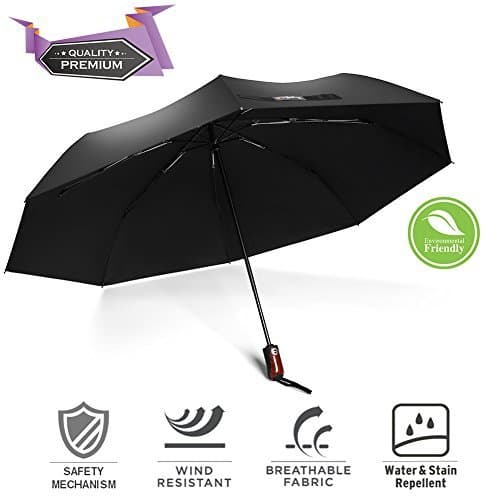 BravRain Travel Compact Umbrella Windproof Unique Safety Folding Umbrella for Women Automatic Foldable Large Umbrella for Men – Auto Open Close Collapsible UV Sun Rain Umbrella Black