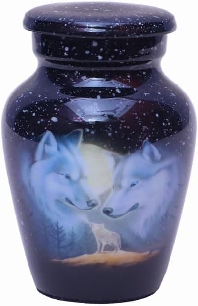 World Bazaar Adult Cremation Keepsaske Urns for Ashes- Adult Classic 3 Wolves Family Pictured Cremation Urn for Human Ashes, Male or Female Keepsake urns with Velvet Protection Box (1 Small Keepsake)