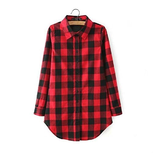 Womens Checkered Long Sleeve T-shirt Ladies Casual Loose Button Down Tops Blouse (US(8-10)(Asia XXL), Red+Black)