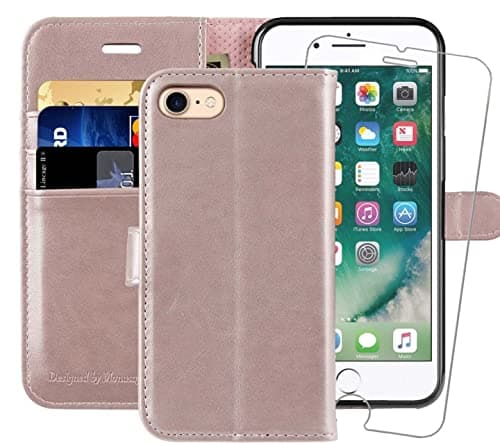 MONASAY iPhone SE 2022/2020 5G Case,iPhone 8 Wallet Case, iPhone 7 Case,4.7-inch, [Glass Screen Protector] Flip Folio Leather Cell Phone Cover with Credit Card Holder,Rose Gold