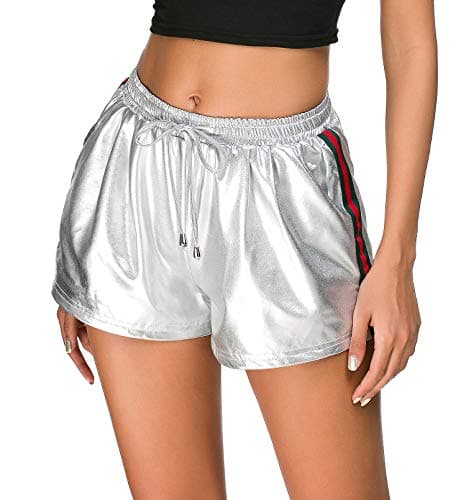 Tandisk Women's Yoga Hot Shorts, Shiny Metallic Pants with Elastic Drawstring