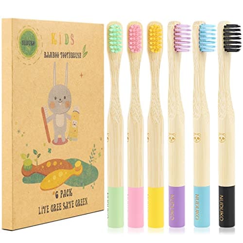 Kids Bamboo Toothbrushes (6 Pack), Soft Bristle Toothbrush for Kids, Eco Friendly Toddler Tooth Brush, Natural Biodegradable Wooden Toothbrushes, Organic Compostable BPA Free- Round Handle
