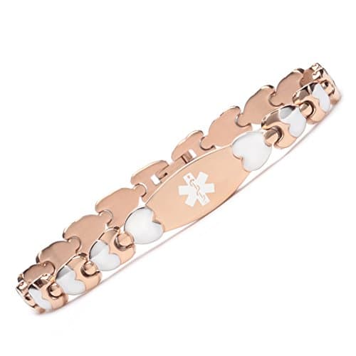 Fashion Rose Tone Double Heart Medical Alert id Bracelet for Women-(8.5)