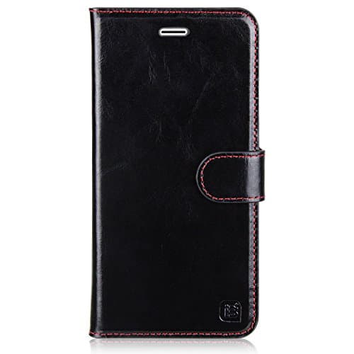 iPhone 6 Plus Case, GENUINE Leather Wallet Case with Flap - Retro Leather Series (BLACK)