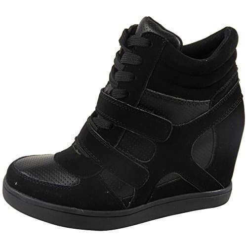 Ladies Lace Up Sneakers Trainers Hidden Wedge Heel Ankle Boots Size 6 Black