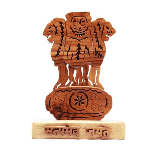 TheCreativeClub Beautiful Handmade Satyamev Jayate Ashok Stambh Idol for Office, Art Space, Tool Shed or Study Table (Natural Wood Color- 10.5x5.5x15 cm)