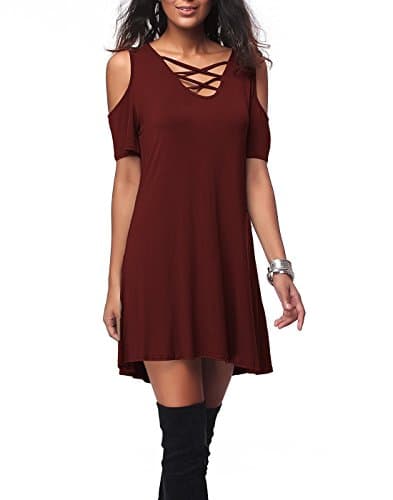 ioiom Women Cold Shoulder Short Sleeve Criss Cross T-Shirt Dress with Pocket