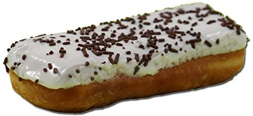 Prairie City Bakery Premium Long John Creme Filled White Iced Donut with Chocolate Sprinkles, 28.4 Gram - 4 per case.