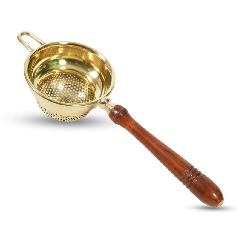 Mittal Teas | Medium Brass Strainer | Ideal for 2 Cups |Easy to Use | Perfect for Tea and Coffee with Long Handle for Firm Grip and Easy Straining. (Medium Wooden Handle Strainer)