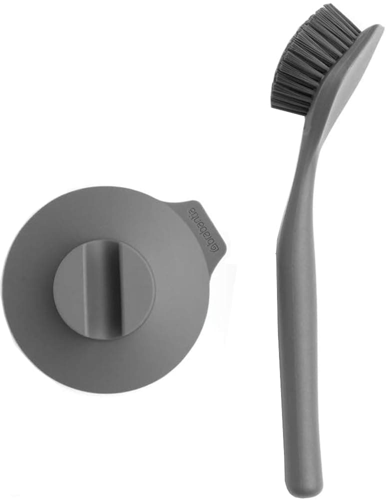 117589 Dish Brush with Suction Cup Holder, Dark Grey, 11 x 23.5 x 6 cm