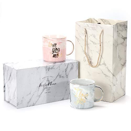 WABRINY Luspan Funny Valentine's Day Gifts - I Love You Love You More Couples Coffee Mugs - Ceramic Marble Cups 13 oz - Packaged with Marble Gift Box and Marble Gift Bag