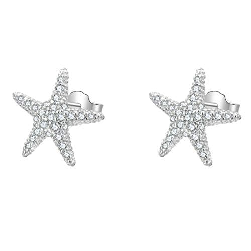 18K White Gold Plated Sterling Silver Stud Earrings For Women Fine Jewelry Weave Star Earring (Silver Pentagram) (Silver Starfish)