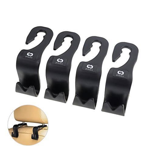 Jiiker Car Back Seat Headrest Hanger Storage Holder Hooks (Set of 4) for Handbags, Purses, Coats, and Grocery Bags, Bottle Holder (Black)