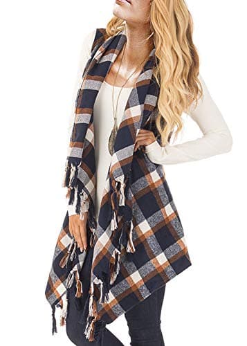 Ferbia Womens Cardigans Vest Kimonos Hooded Plaid Sleeveless Fringe Drape Shawl Coat Jacket