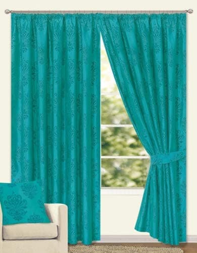 Textiles Direct Leamington Teal Lined Faux Silk Curtain Pair 46" x 90" Size including Tie-backs