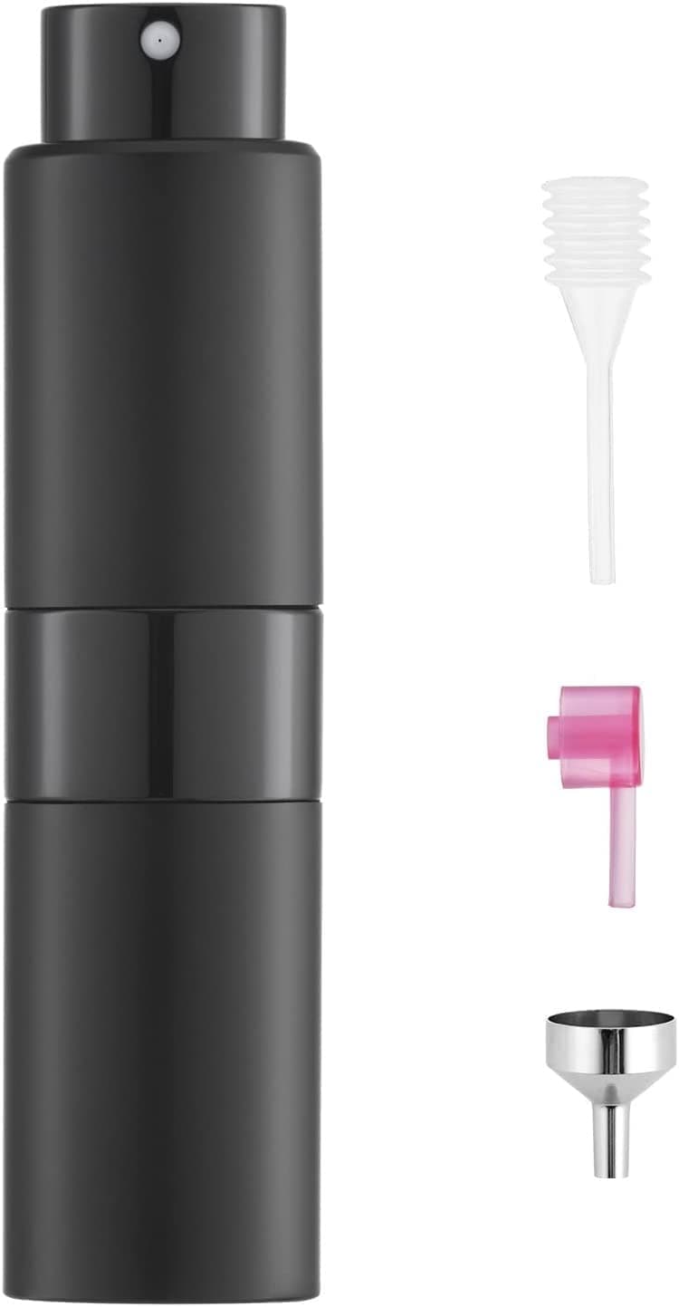 - 8ml Empty Perfume Bottle - Refillable Atomizer Spray, Portable Mini Pocket Travel Glass & Aluminum Dispenser With 3 Types of Refill Pump - Matte Black