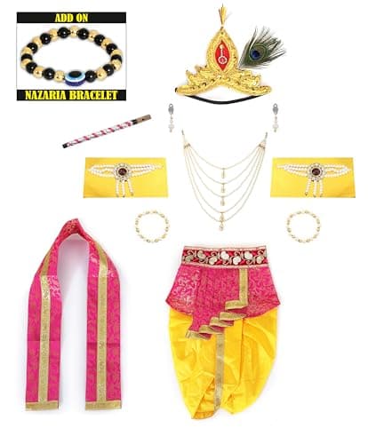 Krishna Dress for Kids, Baby Krishna Dress for Janmashtami with Krishna Mukut, Peacock Feather & Flute Embroidered Krishna Costume for Girl & Boy, 3 Months-8 Years