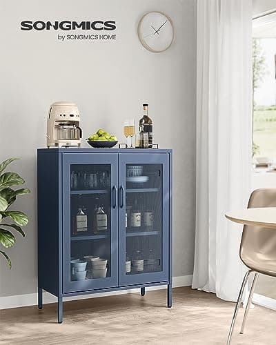SONGMICS Metal Storage Cabinet with Mesh Doors, Steel Display Cabinets with Adjustable Shelves for Bathroom Home Office, Midnight Blue UOMC002Q03