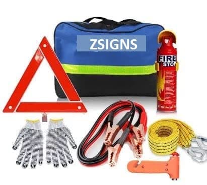 ZSIGNS Car Emergency Kit, 7 in 1 Multifunctional Roadside Assistance Auto Safety Kit, Jumper Cables, Tow Rope, Triangle, Safety Hammer, gloves and fire extinguisher