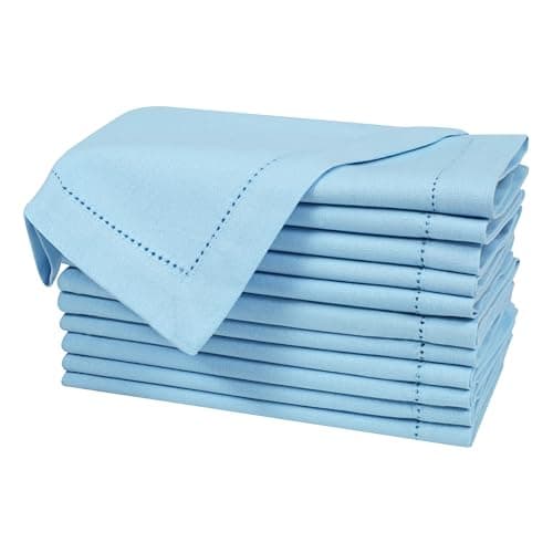 Bedding Craft Cloth Dinner Napkins Set of 12 – 18x18 Airy Blue Linen-Look Hemstitched – Soft Machine Washable Reusable Napkins for Weddings, Parties & Elegant Table Settings