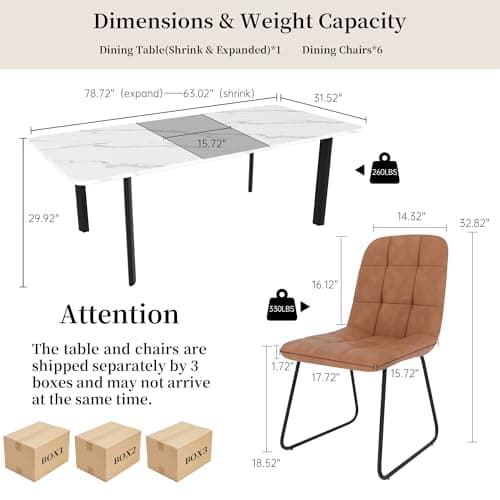 HIPIHOM Extendable Dining Table Set for 6-8 People, 63 to 78.7 Inch MDF Kitchen Table with 6 Upholstered Chairs, Space-Saving for Dining Room, Breakfast Nook (White Table & 6 Brown U-Shaped Chairs)
