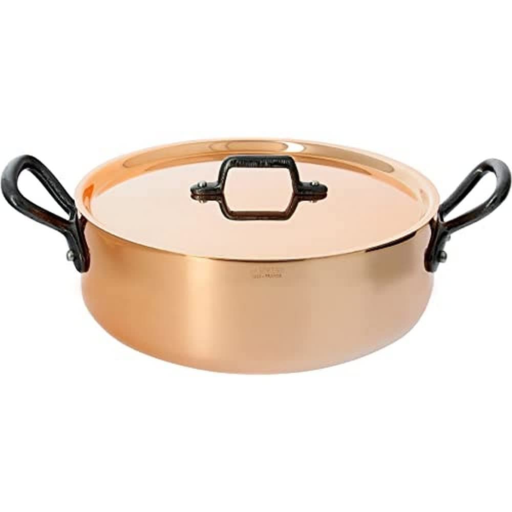 De Buyer Professional 24 cm Inocuivre First Classe Copper Straight Saute Pan Stainless Steel Inside with Cast Iron Handles and Lid 6461.24