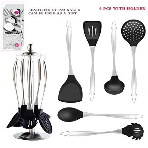 Silicone Kitchen Utensil Set With Holder Non-Stick 6 Piece Premium Cooking Utensils with Stainless Steel Handles Big Utensil Storage Shelf-Slotted Spoon, Spoon, Soup Ladle, Turner, Slotted Turner…