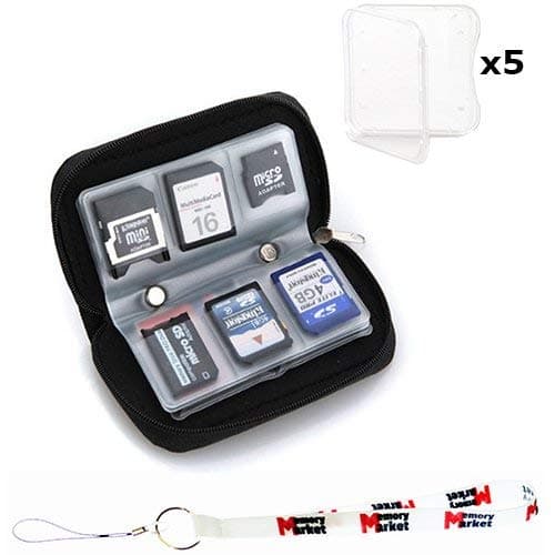 MemoryMarket Memory Card Carrying Case - Black / Wallet / Holder / Organizer / Bag - Storage for SD SDHC CF xD Camera Memory Cards with (5) Clear SD Jewel Cases & Lanyard