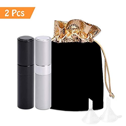 2Pcs Refillable Perfume Bottles with 2 Funnels,8ml Portable Empty Perfume Spray Bottle, Luxsego Mini Twist-Up Perfume Atomizer(Gift Bag Included) Black+Silver