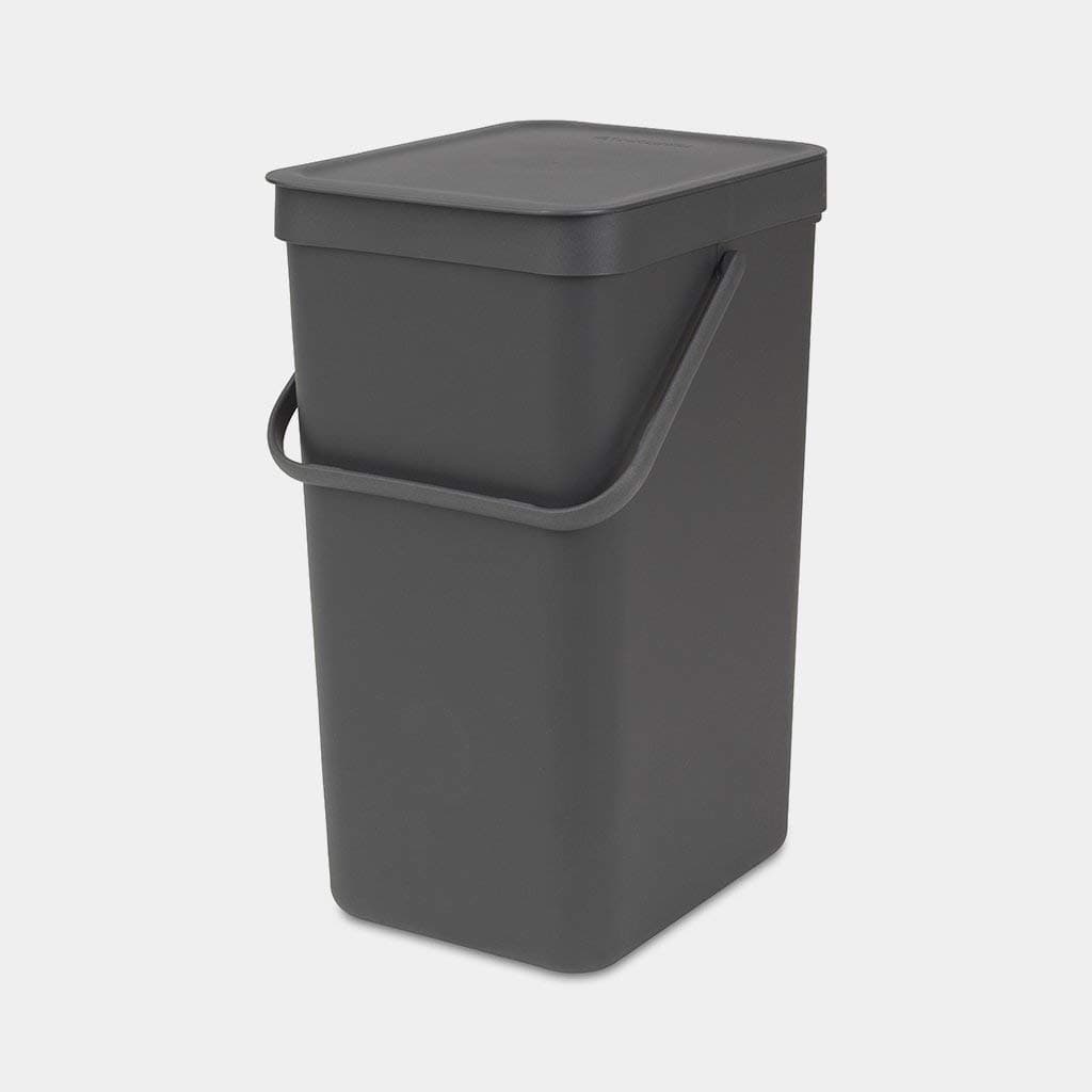 Brabantia Sort & Go Kitchen Recycling Bin (16L / Grey) Stackable Waste Organiser with Handle & Removable Lid, Easy Clean, Fixtures included for Wall/Cupboard Mounting