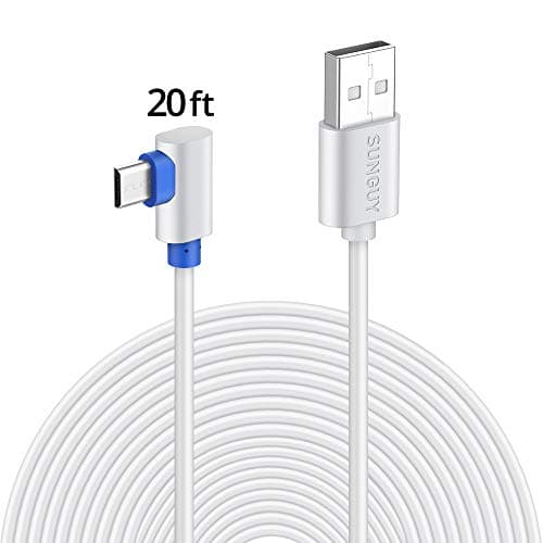 SUNGUY 20FT Micro USB Extension Cable White 90 Degree Micro Charging Power Cord for Blink Camera/Kasa Cam/Cloud Cam and More Home Security Camera iQ-White